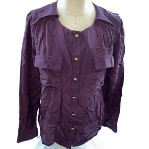 Purple silky double placard pocket safari style blouse shirt top M Hunter Dixon